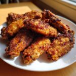 A close-up of a pile of golden brown, extra crispy chicken wings seasoned with spices, served on a white plate.