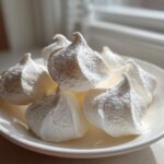 A close-up image of several crisp, white meringue cookies piled on a small white saucer near a window.