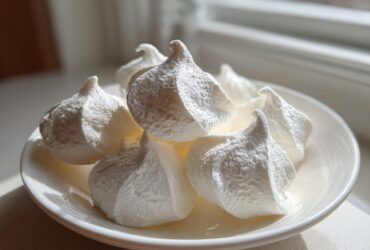 A close-up image of several crisp, white meringue cookies piled on a small white saucer near a window.