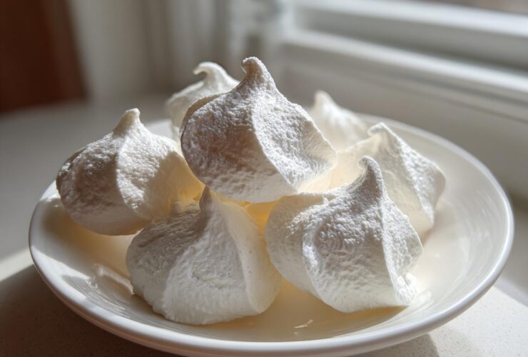 A close-up image of several crisp, white meringue cookies piled on a small white saucer near a window.