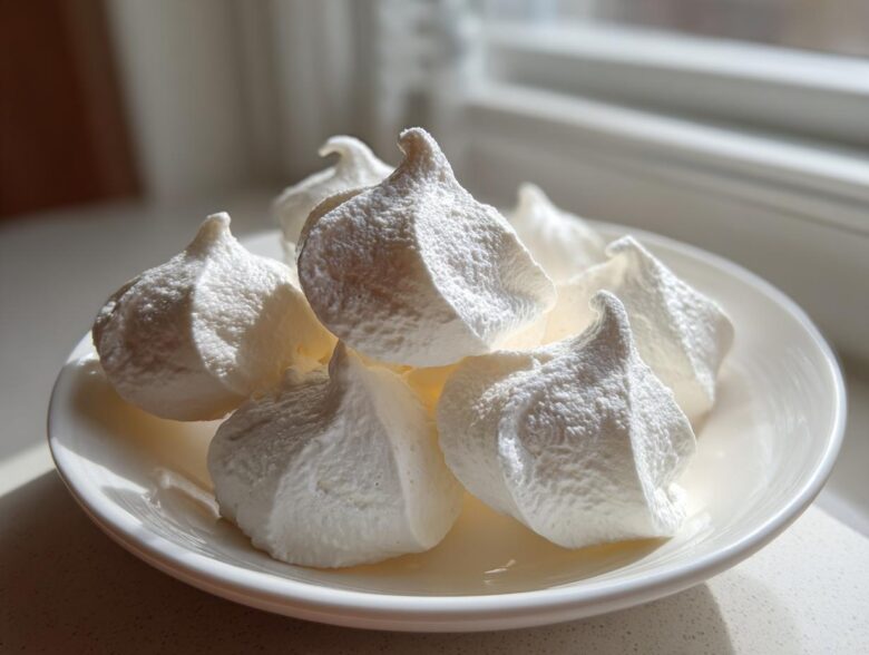 A close-up image of several crisp, white meringue cookies piled on a small white saucer near a window.