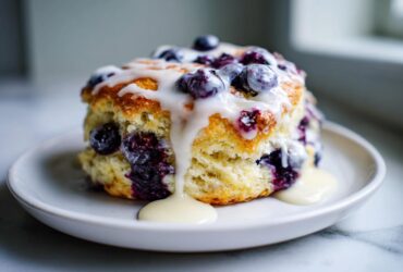A close-up of a flaky blueberry scone topped with fresh blueberries and a thick vanilla glaze drizzle.