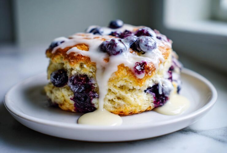 A close-up of a flaky blueberry scone topped with fresh blueberries and a thick vanilla glaze drizzle.
