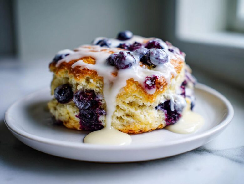 A close-up of a flaky blueberry scone topped with fresh blueberries and a thick vanilla glaze drizzle.