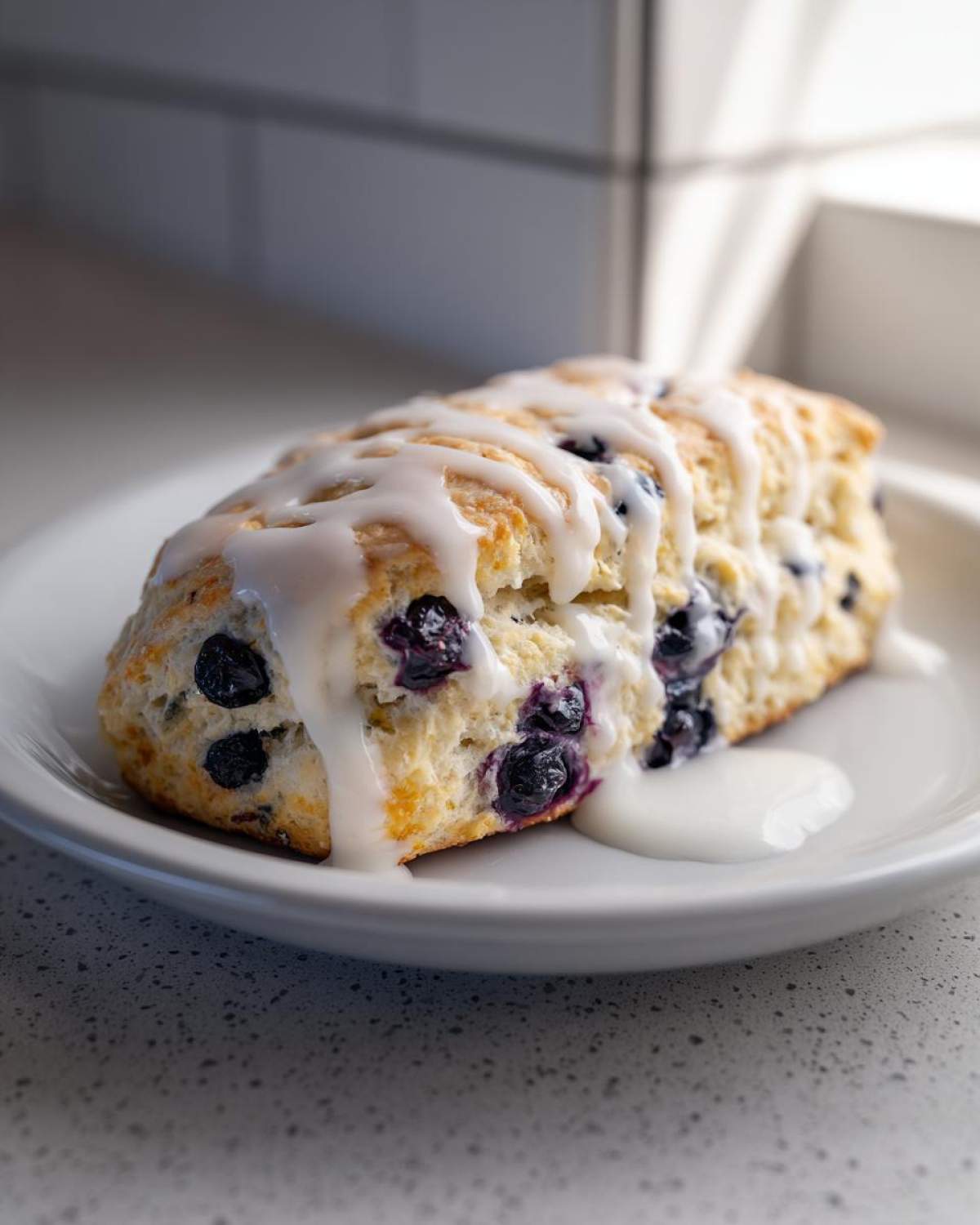 A single, flaky blueberry scone topped with thick vanilla glaze, sitting on a white plate.