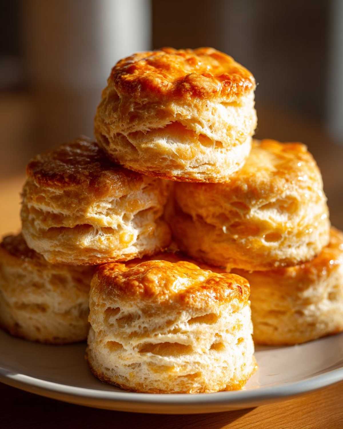 A stack of freshly baked, golden-brown buttermilk biscuits showing flaky layers, served on a light plate.