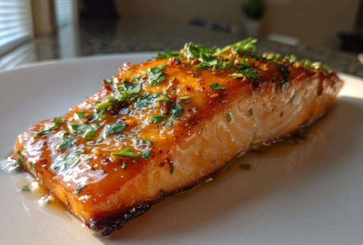 A perfectly cooked fillet of salmon glazed with honey garlic sauce and topped with fresh parsley.