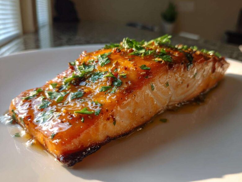A perfectly cooked fillet of salmon glazed with honey garlic sauce and topped with fresh parsley.