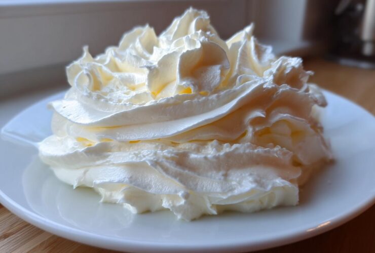 A beautiful swirl of fluffy, white cream cheese frosting piped onto a small white plate.