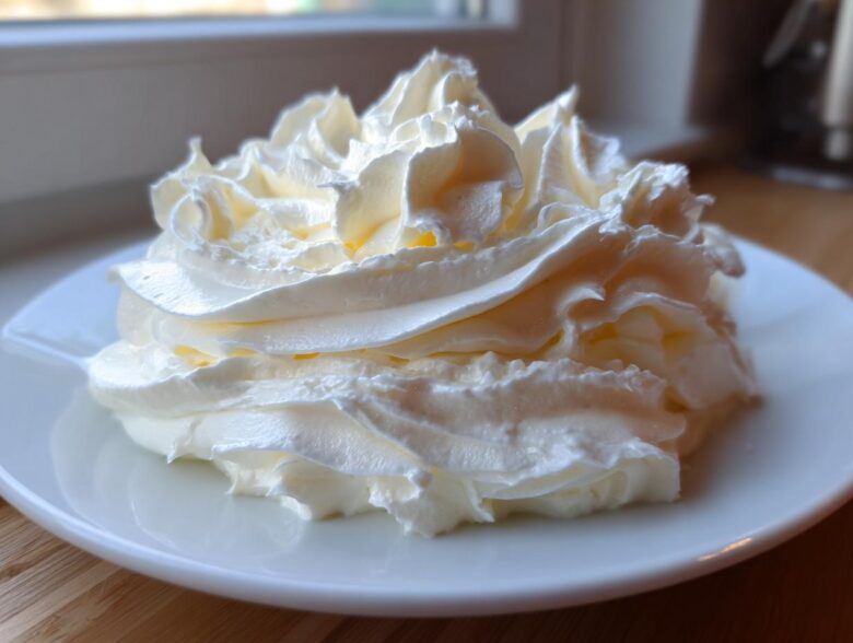 A beautiful swirl of fluffy, white cream cheese frosting piped onto a small white plate.