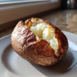 A close-up of a crispy-skinned air fryer baked potato, split open to reveal fluffy white interior.