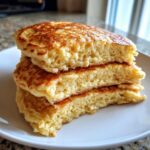 Close-up of a stack of three fluffy almond flour pancakes showing their light, airy texture and golden-brown edges.