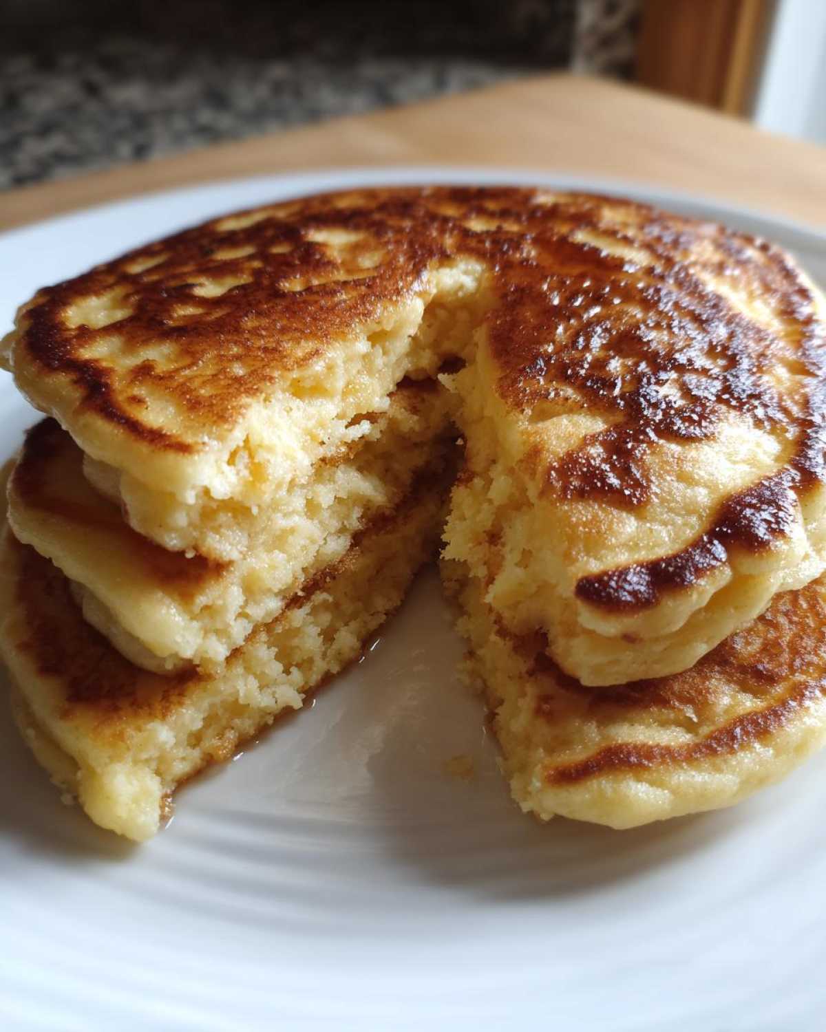 Close-up of a stack of fluffy almond flour pancakes cut open, showing the texture and golden brown tops.