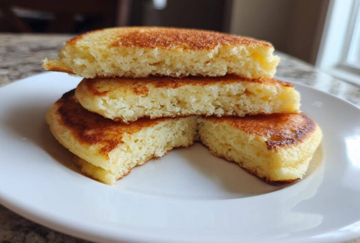 Close-up of fluffy almond flour pancakes stacked and cut to show the light, airy texture inside.