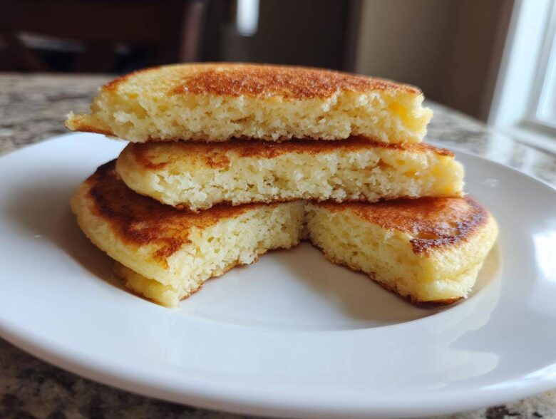 Close-up of fluffy almond flour pancakes stacked and cut to show the light, airy texture inside.