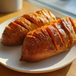 Two perfectly baked sweet potato halves, sliced accordion-style and sprinkled with coarse sea salt.