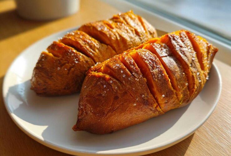 Two perfectly baked sweet potato halves, sliced accordion-style and sprinkled with coarse sea salt.