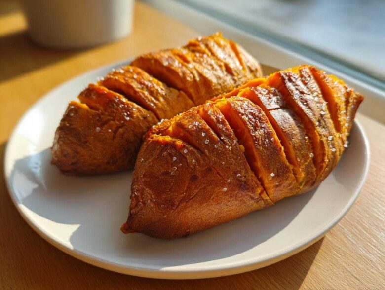 Two perfectly baked sweet potato halves, sliced accordion-style and sprinkled with coarse sea salt.