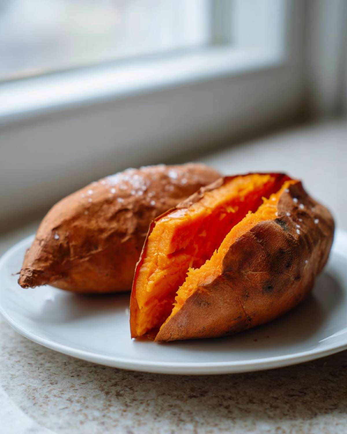 Two perfectly baked sweet potato halves, one split open revealing fluffy orange flesh, sprinkled with coarse salt.