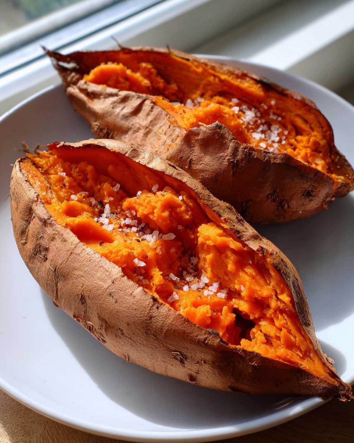 Two fluffy baked sweet potatoes, split open and topped with coarse sea salt.