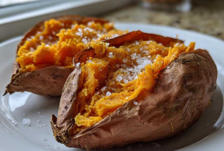 Two fluffy baked sweet potatoes split open and topped with coarse sea salt flakes.