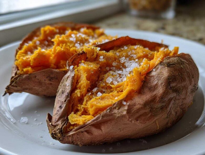Two fluffy baked sweet potatoes split open and topped with coarse sea salt flakes.