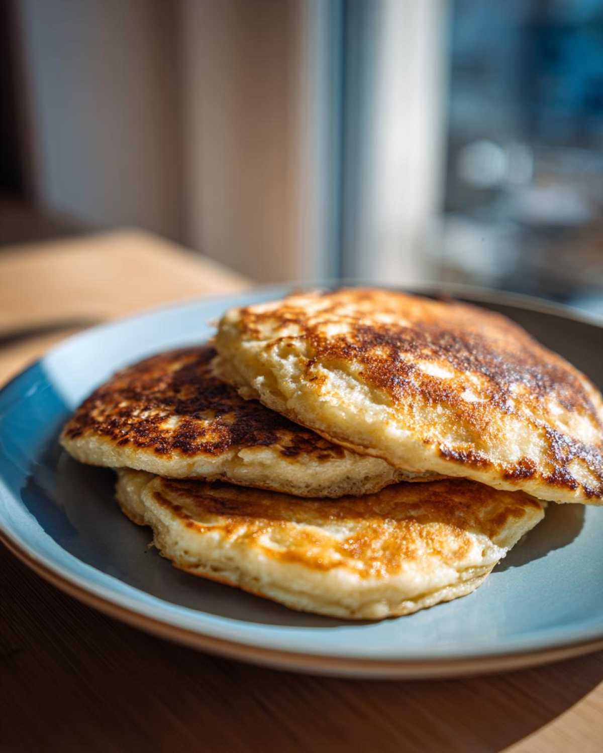 A close-up of three fluffy banana pancakes stacked on a blue plate, perfectly golden brown.