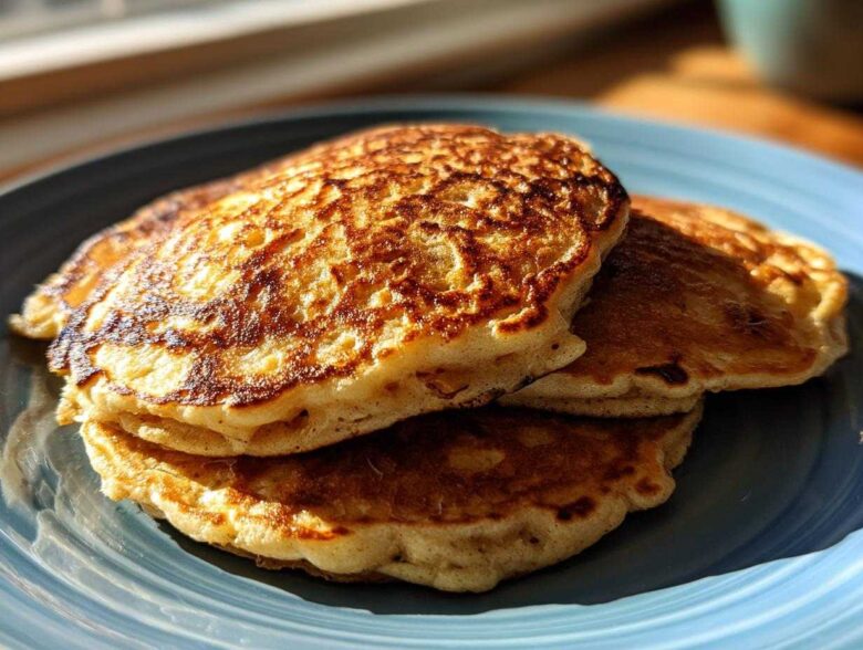 A stack of three perfectly cooked, golden-brown banana pancakes resting on a blue plate.