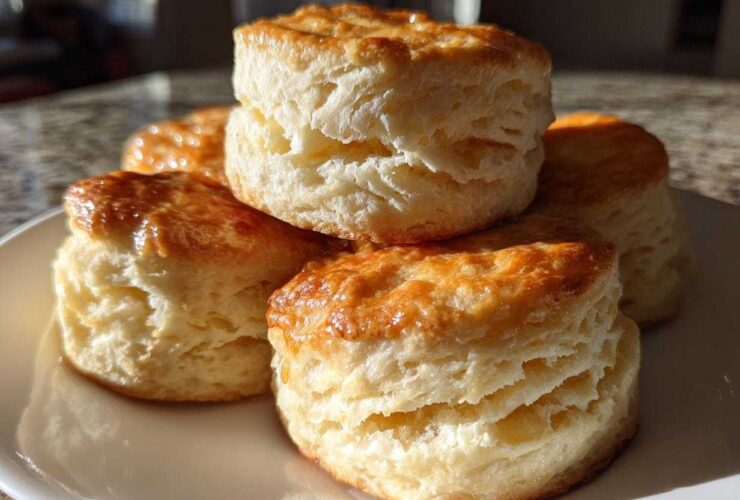 A stack of freshly baked, golden-brown buttermilk biscuits showing flaky layers.