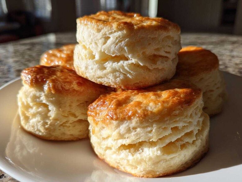 A stack of freshly baked, golden-brown buttermilk biscuits showing flaky layers.