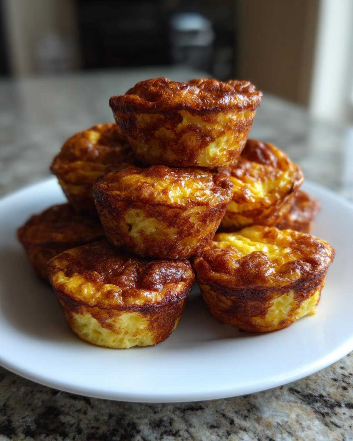A stack of golden brown, fluffy cottage cheese egg cups starbucks hack recipe on a white plate.