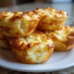 A stack of golden brown, fluffy cottage cheese egg cups starbucks hack style served on a white plate.