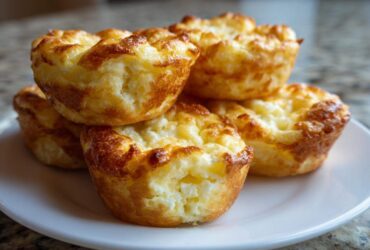 A stack of golden brown, fluffy cottage cheese egg cups starbucks hack style served on a white plate.