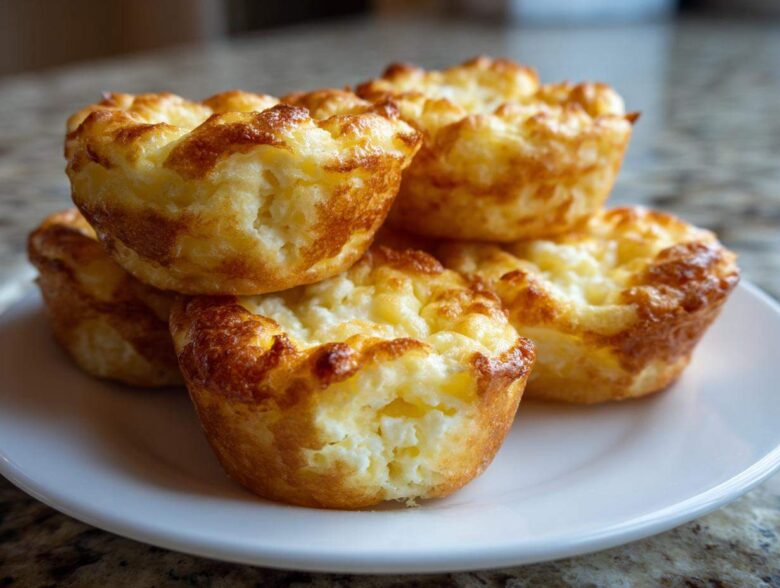 A stack of golden brown, fluffy cottage cheese egg cups starbucks hack style served on a white plate.