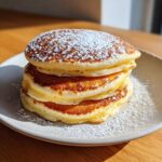 A tall stack of three fluffy greek yogurt pancakes dusted generously with powdered sugar on a light gray plate.