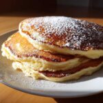 A stack of three fluffy greek yogurt pancakes dusted generously with powdered sugar, sitting on a white plate.