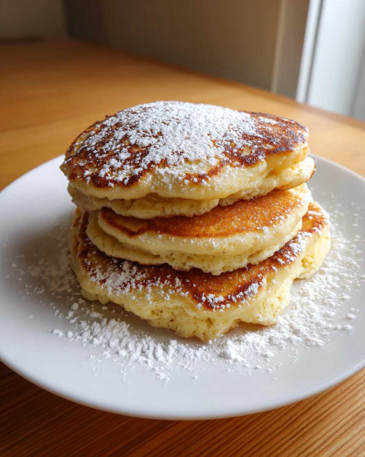 A tall stack of four fluffy greek yogurt pancakes dusted generously with powdered sugar on a white plate.