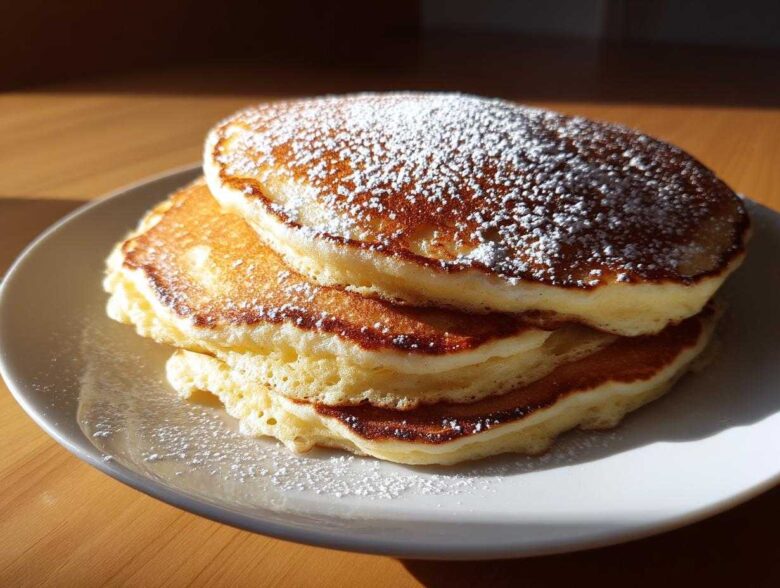 A stack of three fluffy greek yogurt pancakes dusted generously with powdered sugar, sitting on a white plate.