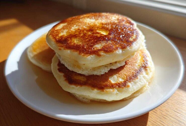 A stack of three thick, fluffy pancakes drizzled with syrup, sitting on a white plate.