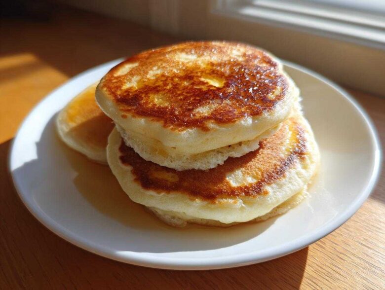 A stack of three thick, fluffy pancakes drizzled with syrup, sitting on a white plate.
