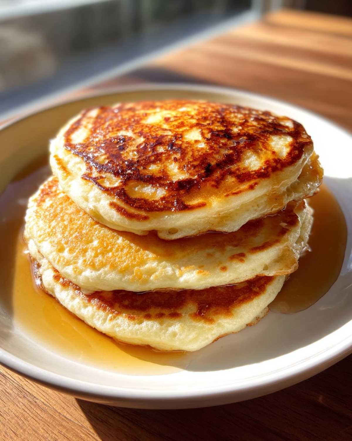 Close-up of a stack of three fluffy pancakes drizzled with syrup, highlighting their golden-brown tops.