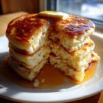 Close-up of a stack of four very fluffy pancakes, cut open to show the texture, topped with butter and dripping with syrup.