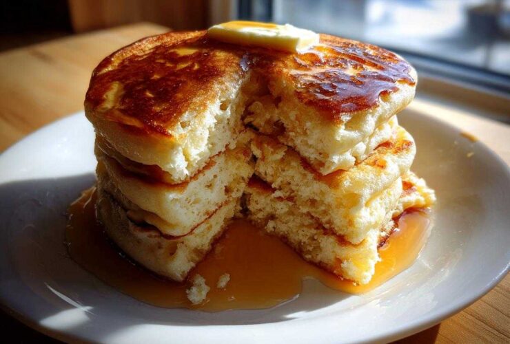 Close-up of a stack of four very fluffy pancakes, cut open to show the texture, topped with butter and dripping with syrup.