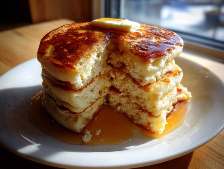 Close-up of a stack of four very fluffy pancakes, cut open to show the texture, topped with butter and dripping with syrup.