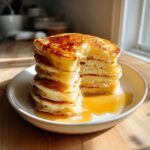 A tall stack of fluffy pancakes drizzled with syrup, showing the airy interior texture.