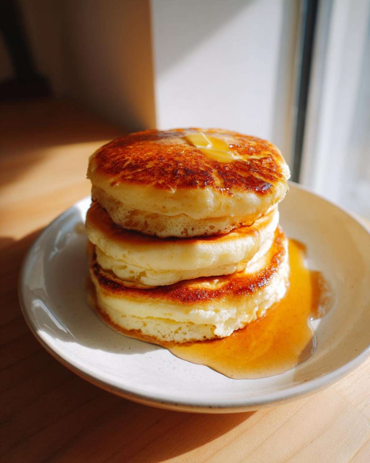 A tall stack of three golden brown, fluffy pancakes topped with melting butter and drizzled with maple syrup.