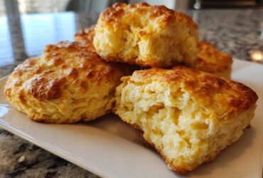 Close-up of several tall, golden brown homemade scones stacked on a white plate, showing a fluffy interior.