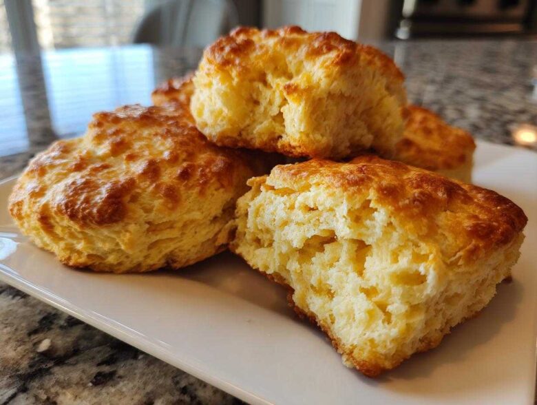 Close-up of several tall, golden brown homemade scones stacked on a white plate, showing a fluffy interior.