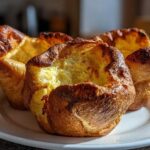Close-up of four golden brown, perfectly risen Yorkshire pudding pastries on a white plate.