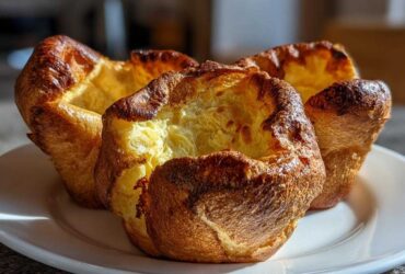 Close-up of four golden brown, perfectly risen Yorkshire pudding pastries on a white plate.